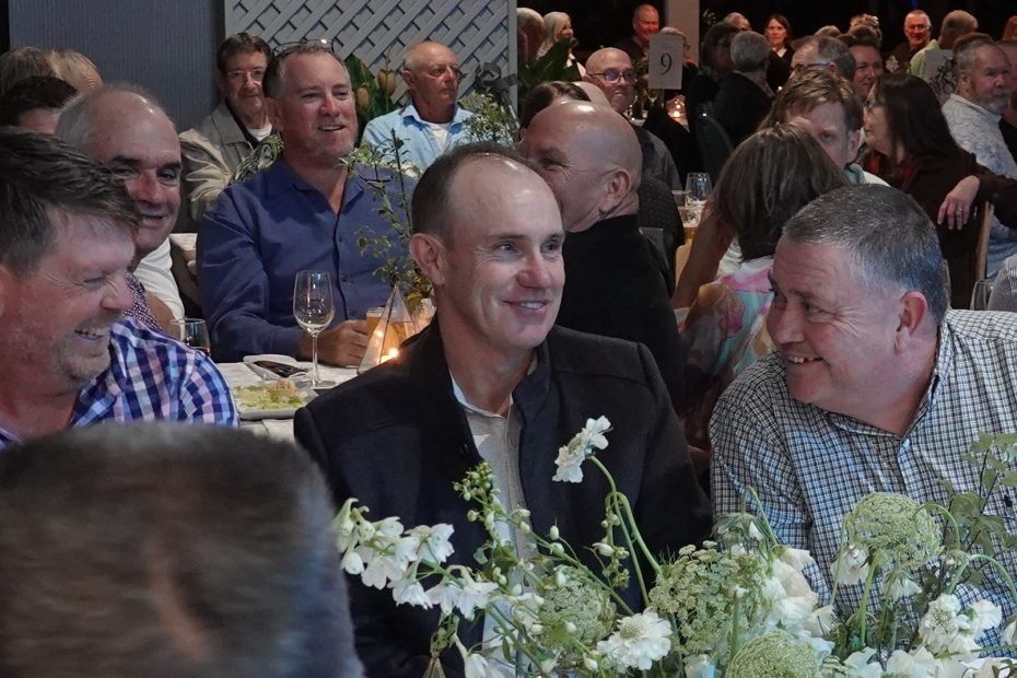 Nambucca Golf Club General Manager Johnathon Zirkler, guest speaker Paul Gow and Nambucca Head Professional Paul Habgood share a joke at the club's centenary dinner.